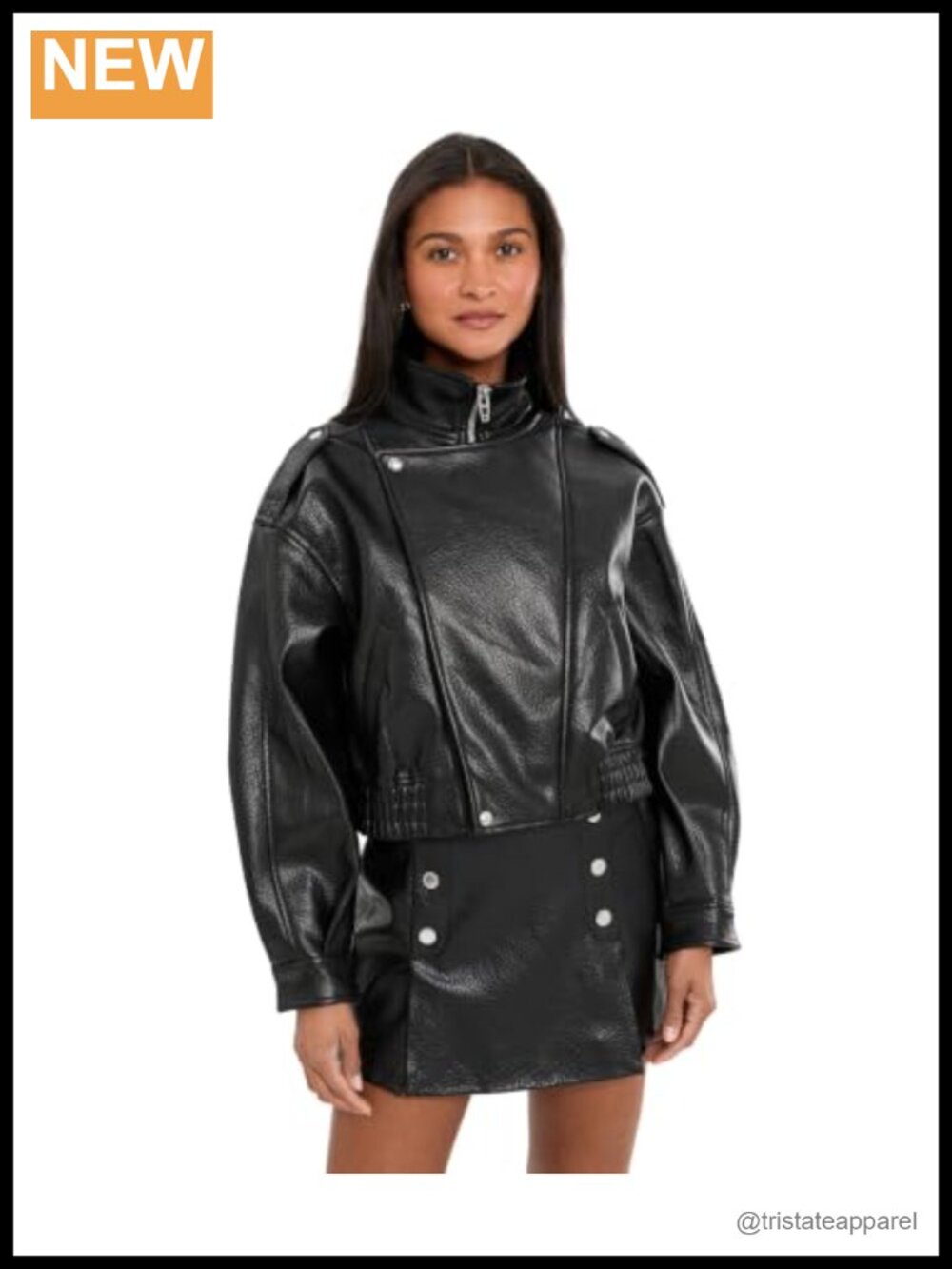 Vegan Leather Bomber Jacket Oversized Mock Neck Zipper Long Sleeve